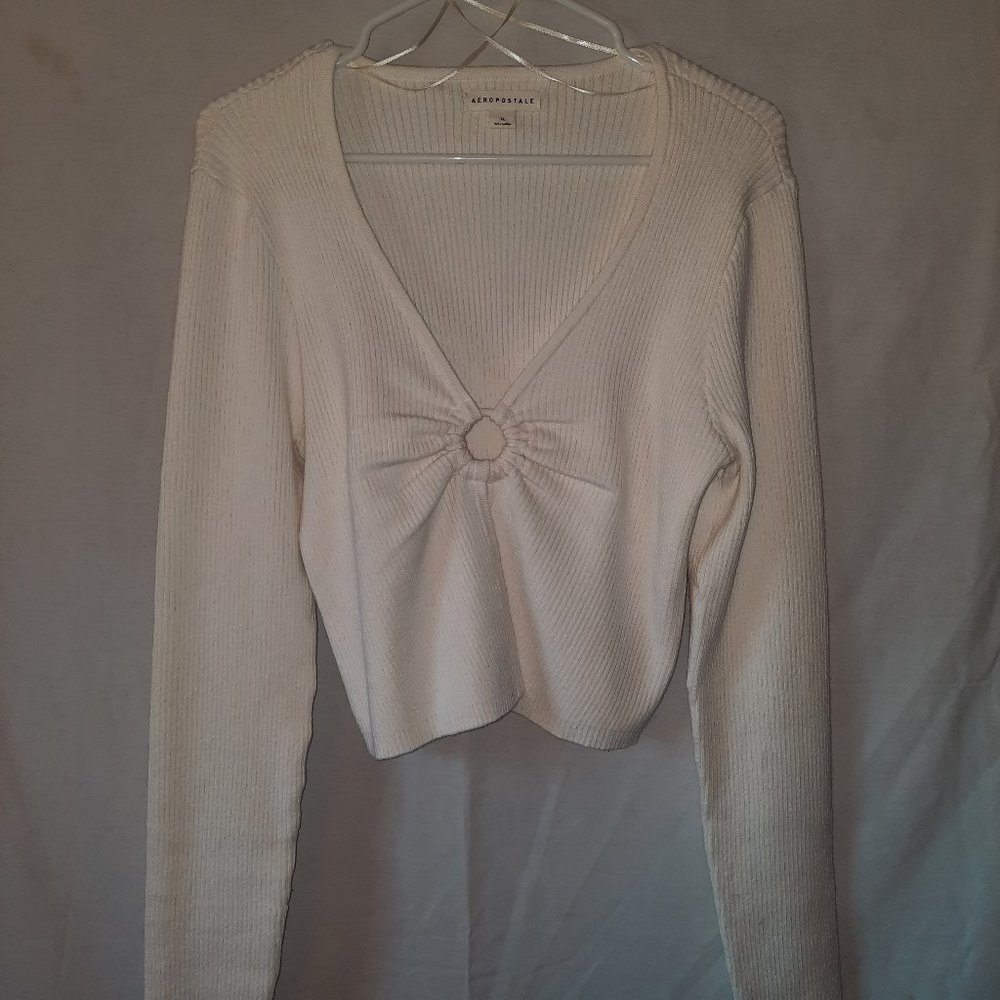 Aeropostale Plus Size Ribbed Keyhole Cropped Flyaway Sweater; White; size XL